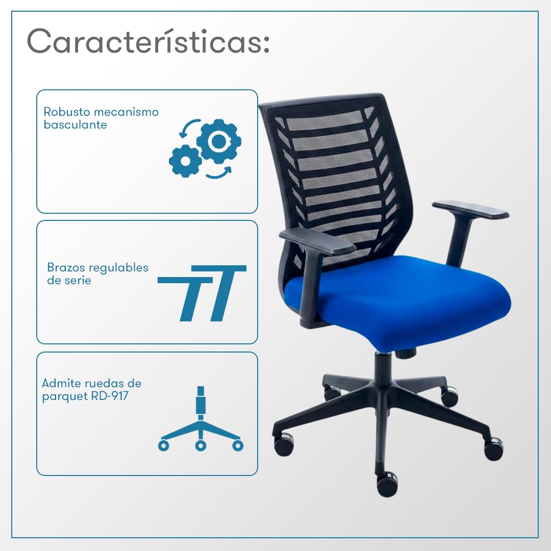 Rocada | Silla de Escritorio Ergonómica - Color Azul - Asiento Tapizado con Espuma Inyectada - Respaldo Técnico - Regulación Funcional para Trabajo Diario y Estudio