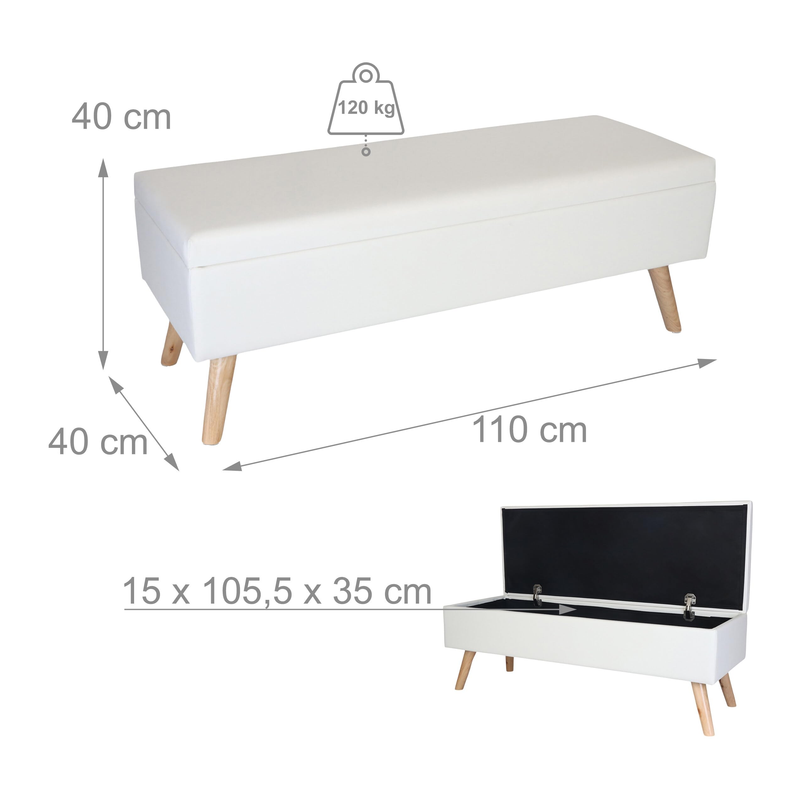 Panca Relaxdays, con vano, Imbottita, Ecopelle, Legno, HxLxP: 40 x 110 x 40 cm, Panca per corridoio, Bianca