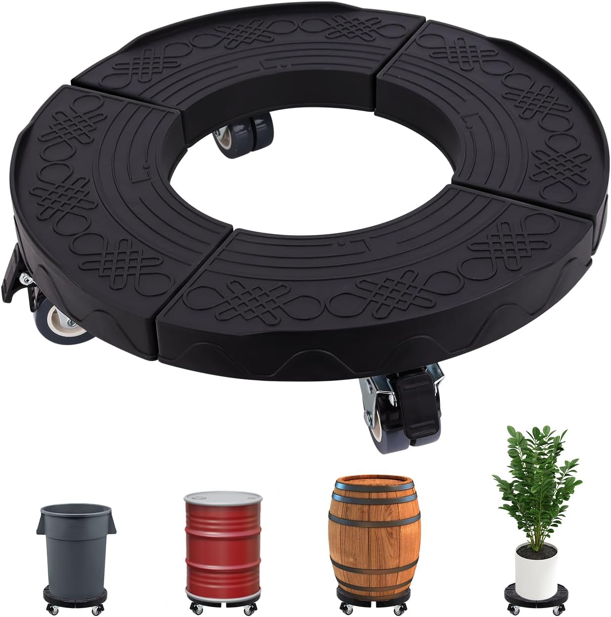 Commercial Products Trash Can Dolly with 4 Wheels - Adjustable 440lbs Load Capacity Heavy Duty Wheels for Barrel Dolly: 15-23 Inch Round - Multi Functional Plant Black