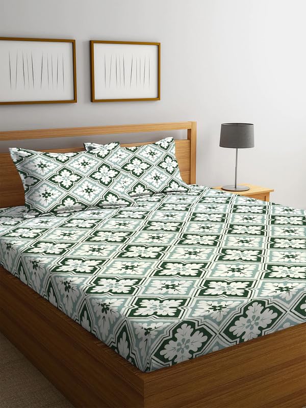 Image of NHD HOME Pure Cotton Flat Double Bedsheets with 2 Pillow Covers | Double Bed Breathable | Wrinklefree | Soft 200tc Supersoft | 228 x 225 Cm| Green & White