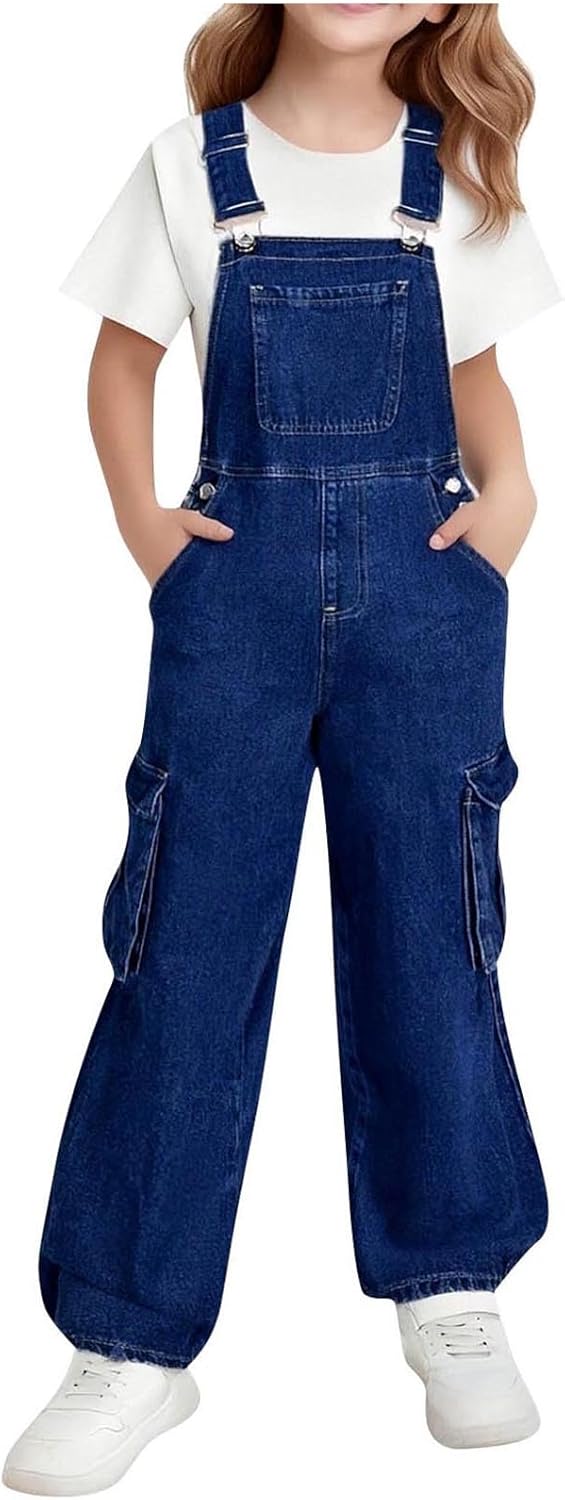 Girls Denim Overall Kids Wide Leg Stretchy Jean Jumpsuits Adjustable Straps Bib Overalls with Multi Pockets