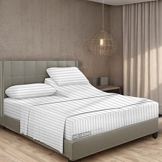 5 Piece Split Cal King Sheet Set, 100% Egyptian Cotton, 16 Inch Deep Pockets, White Stripe, Soft Cooling Sheets for Adjustable Beds, Sleep Number Beds, Split Cal King Mattress Sheet Set