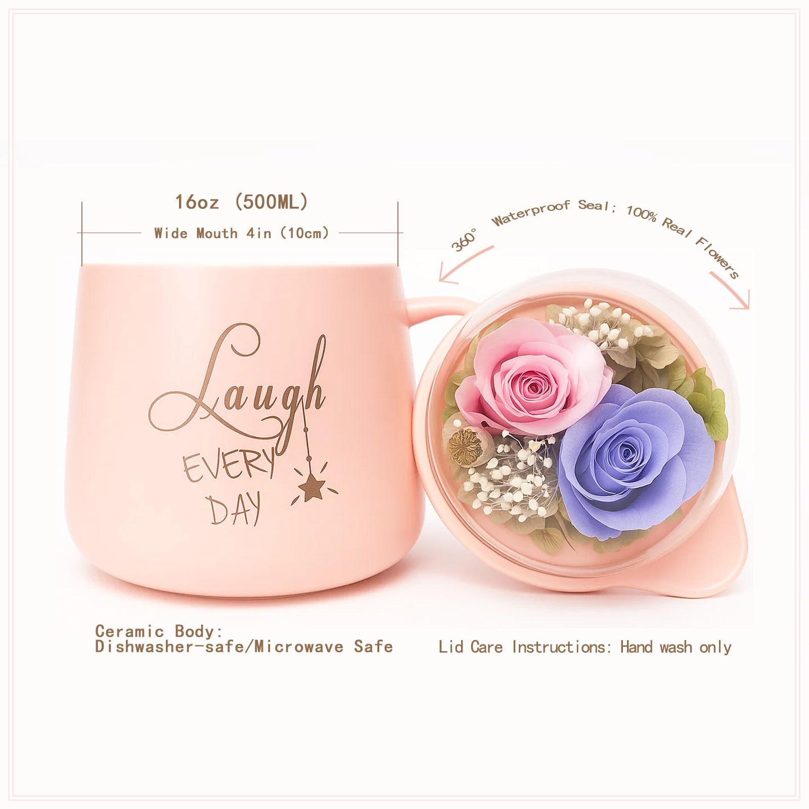 Tasse à café avec couvercle – 2 roses éternelles (rose et lilas), coffret cadeau pour elle/épouse, Saint-Valentin, fête des mères, anniversaire de mariage, Noël, coffret cadeau inclus