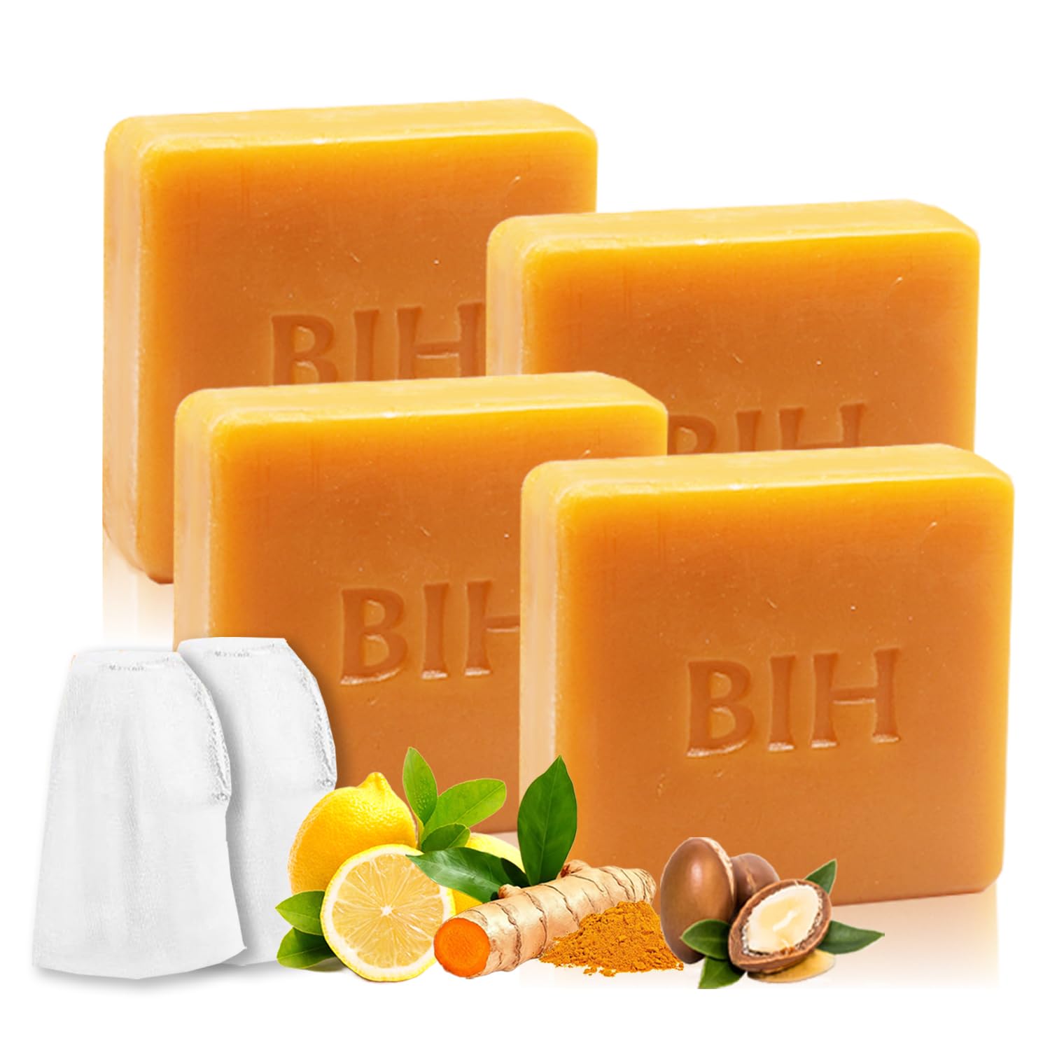 BIH Kojic Acid Soap - 4 Bars Turmeric Soap for Face Body Even Skin Tone Dark Spots Remover