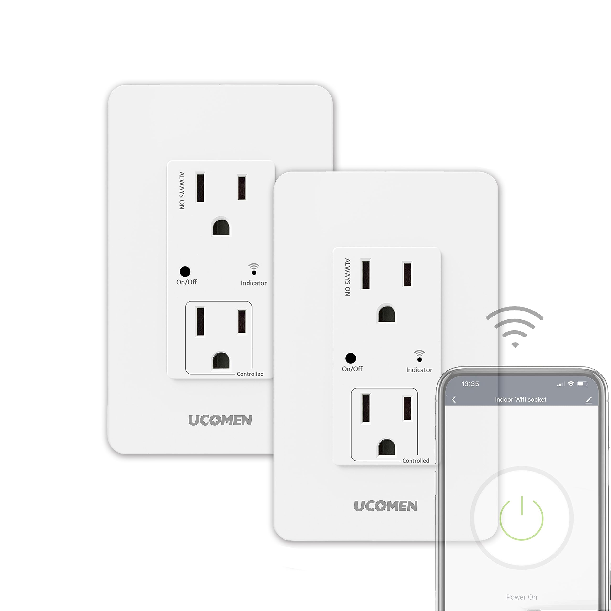 UCOMEN Smart Wall Outlet with 2 Individual Ports, 2.4 GHz WiFi Outlet, Smart Plugs Work with Smart Life, Alexa, Google Home, Child Protection, Need Deep Junction Box, 2 Packs