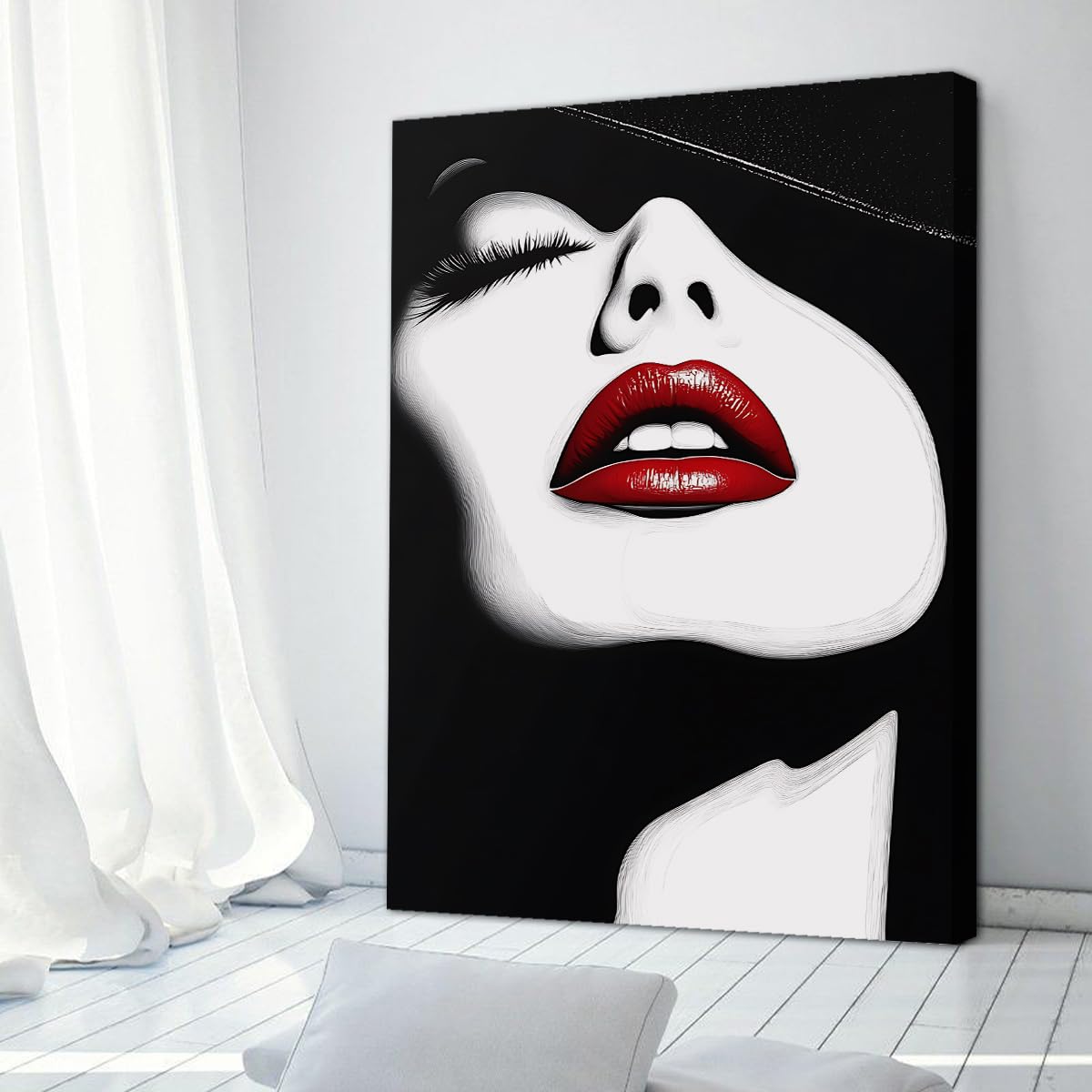 CHERHERART Stampe di poster bianche nere Labbra rosse Pop Art Arte da parete Ritratti di moda misteriosi Opere d'arte per camera da letto 55x85cm Innerframe