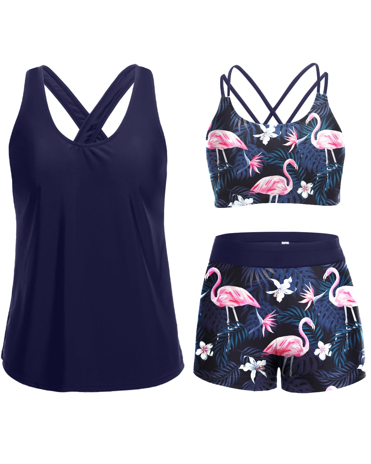 Holipick 3 Piece Tankini Swimsuits for Women Tummy Control Bathing Suits Swim Tank Top with Bra Boy Shorts Teen Swimwear