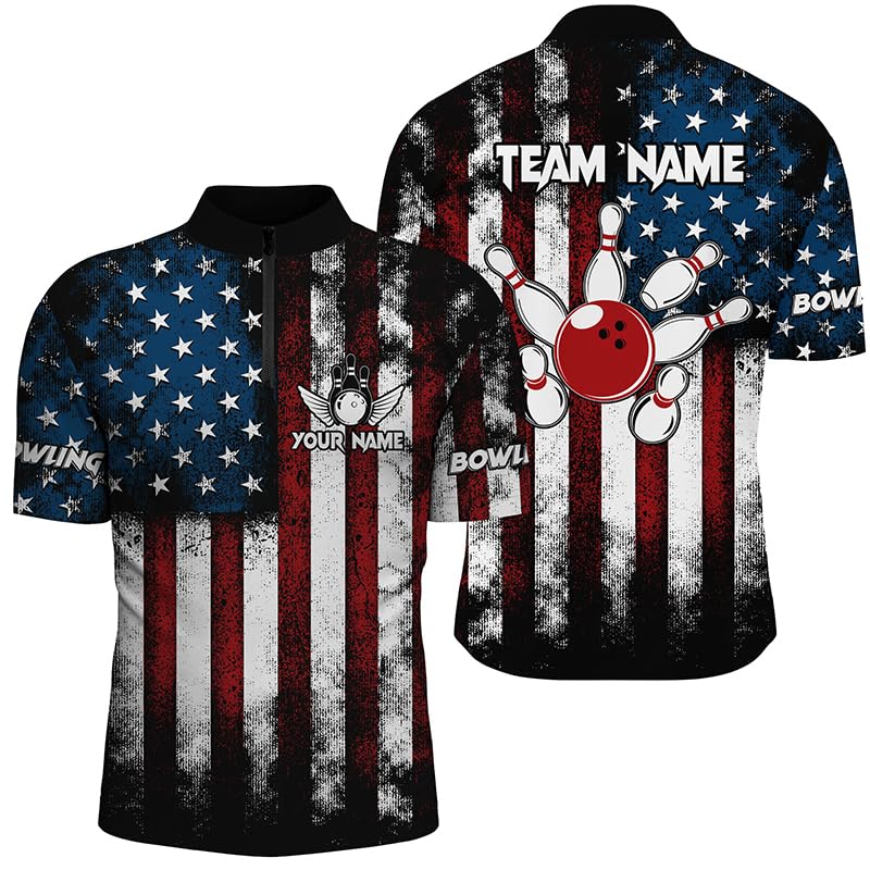 PIONAMZIOZ American Flag Bowling Shirts Unisex Custom Bowling Team Jersey for Men & Women Bowling Polo & Quarter-Zip Shirt (Men Quarter Zip, Polyester)