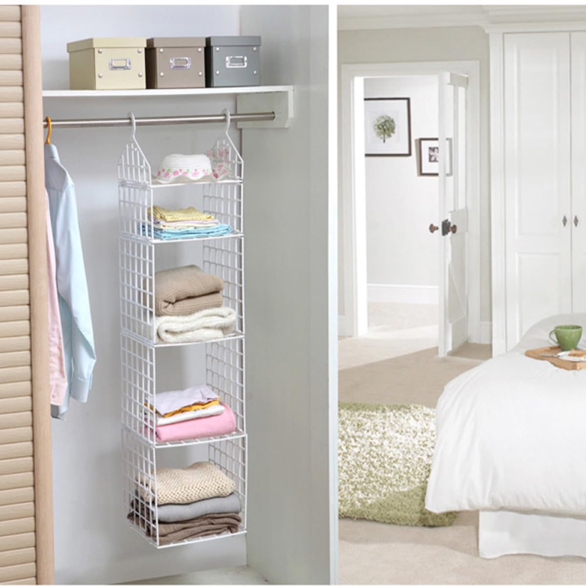OUNONA Organizador Colgante Plegable de Armario, 3 Niveles, PP, White | Rejilla Ventilada, Gancho Integrado, Instalación sin Herramientas, Ahorro de Espacio para Ropa y Accesorios