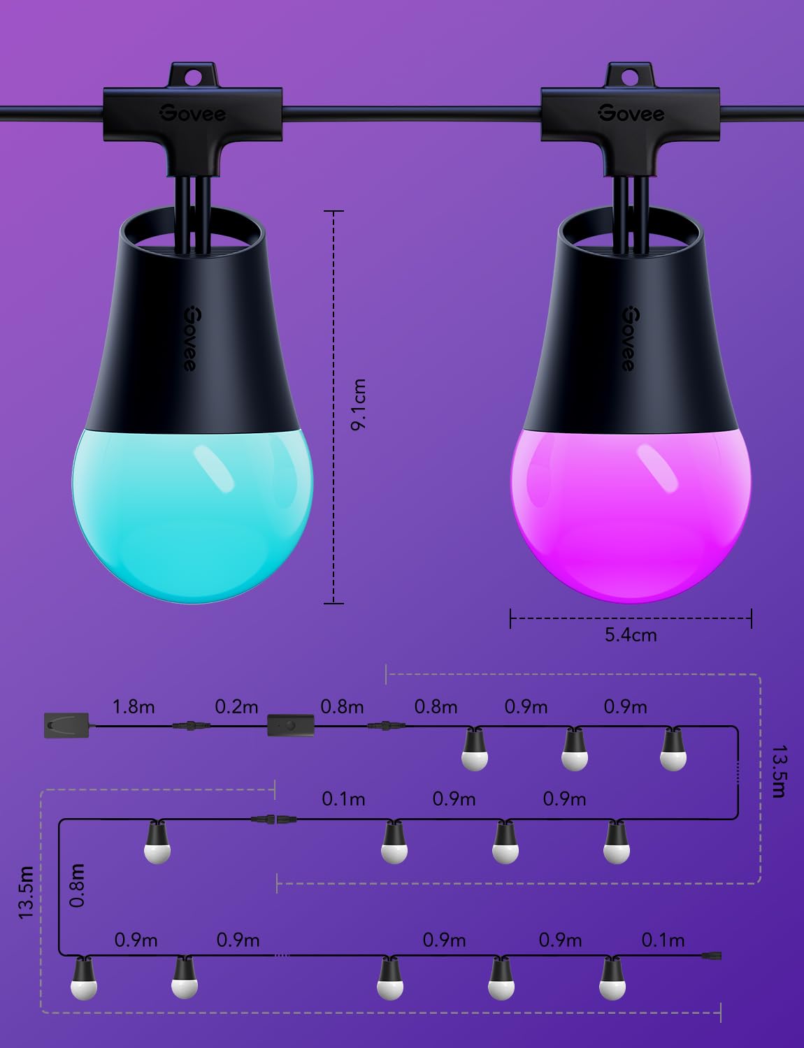 Govee LED Lichterkette Außen 2, 30M Dimmbare RGBICW Outdoor Lichterkette | IP65, 100lm pro Licht, 47 Szenenmodi und 16 Millionen Farben, Intelligente App und Sprachsteuerung, Lebensdauer 25000 Stunden