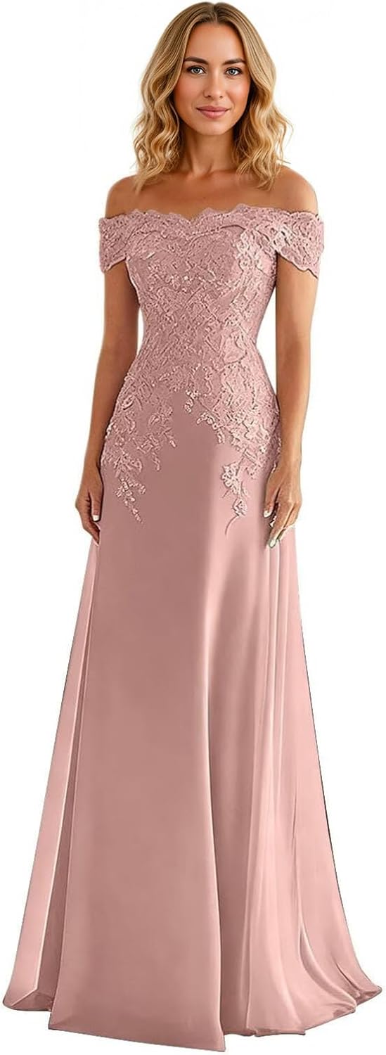 Off-Shoulder Mother of The Bride Dresses - Chiffon Lace Applique Formal Gown for Wedding Guest & Groom's Mother