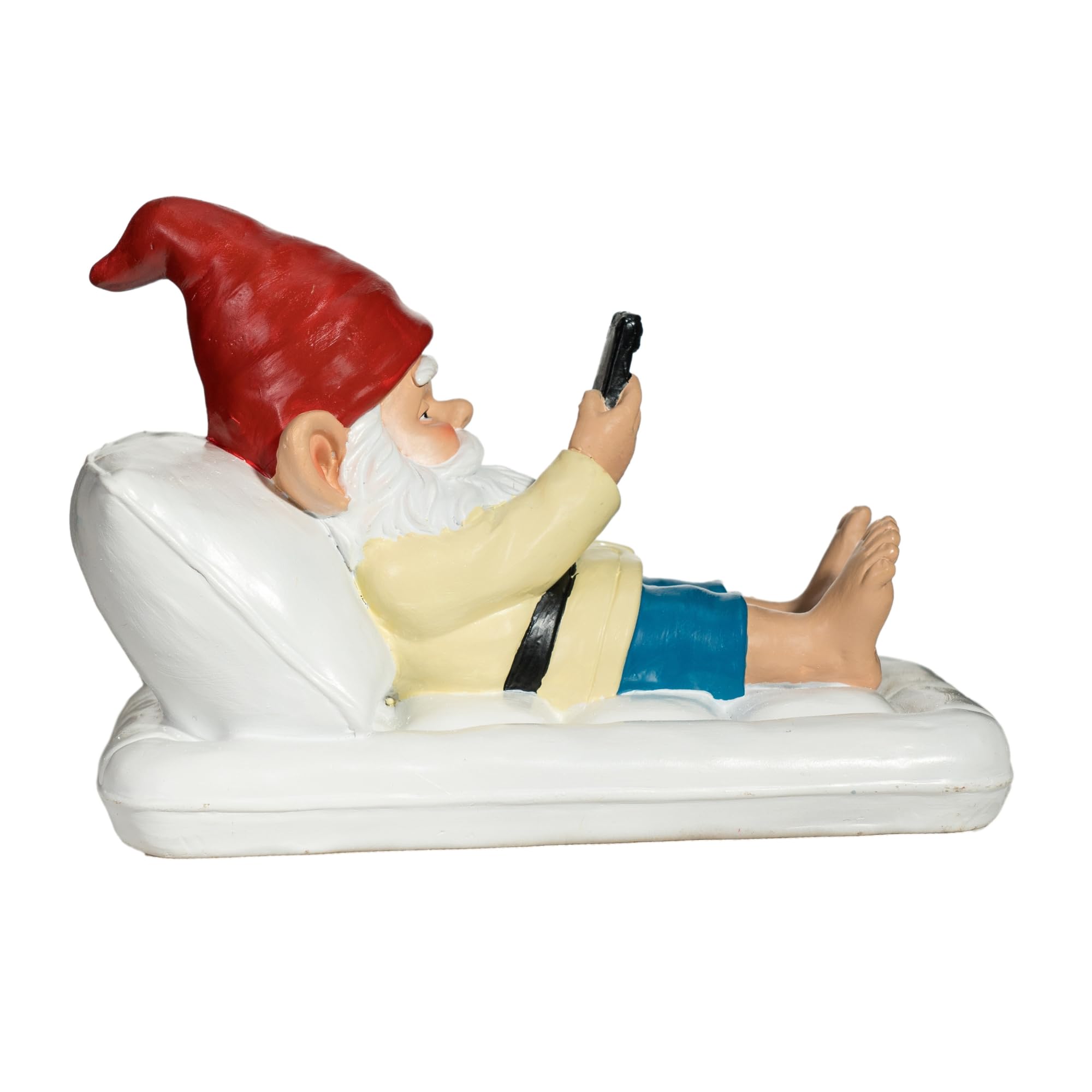 Gnomo da giardino rilassante con smartphone, statua decorativa per esterni, in resina, dipinta a mano, divertente decorazione moderna da giardino, materasso gonfiabile stravagante da 20,3 cm