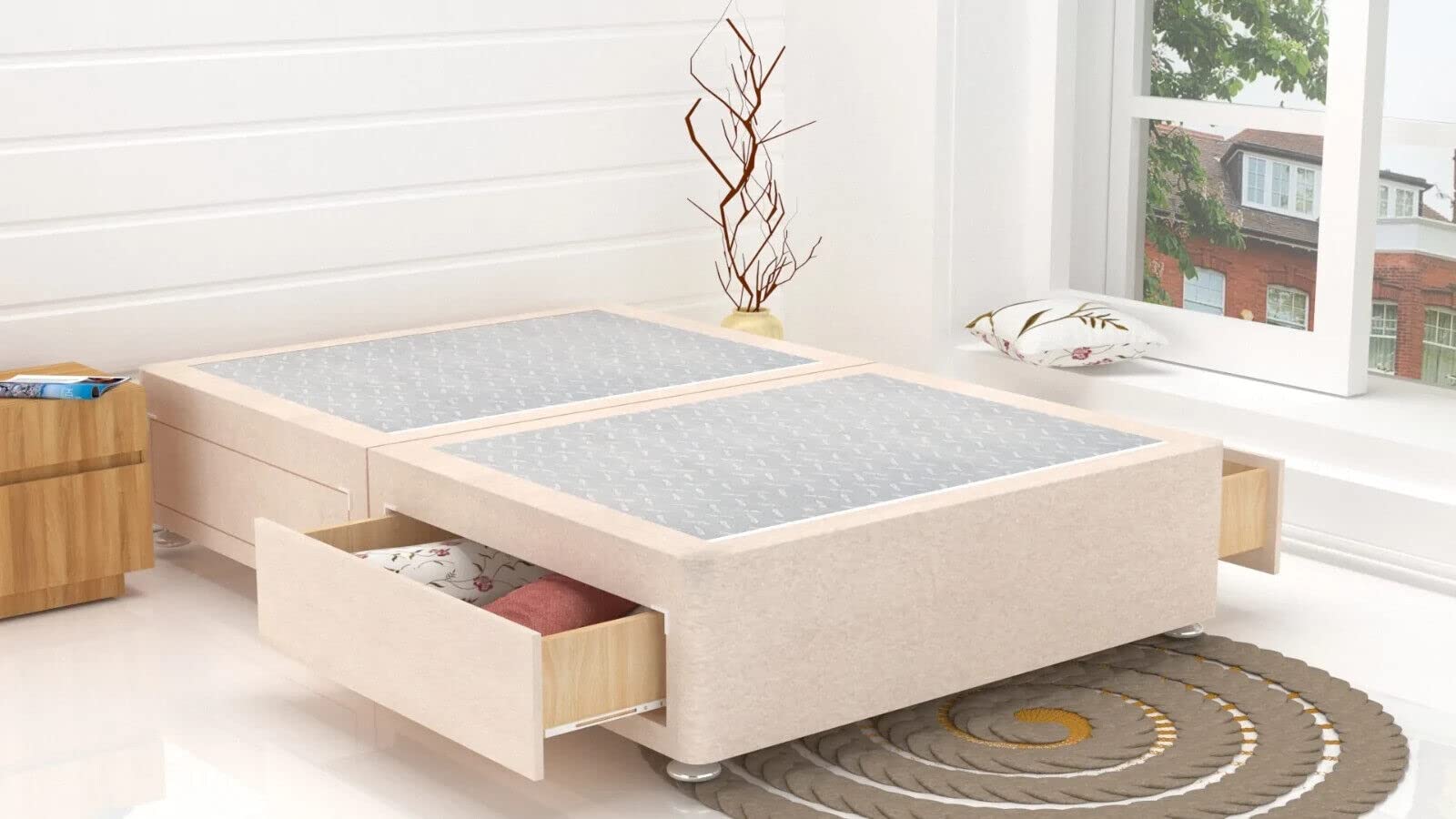 GHOST BEDS Divan Reinforced Platform Base with 2 Drawers Same Side *Colours Available (Cream Chenille, 4ft6 Double)