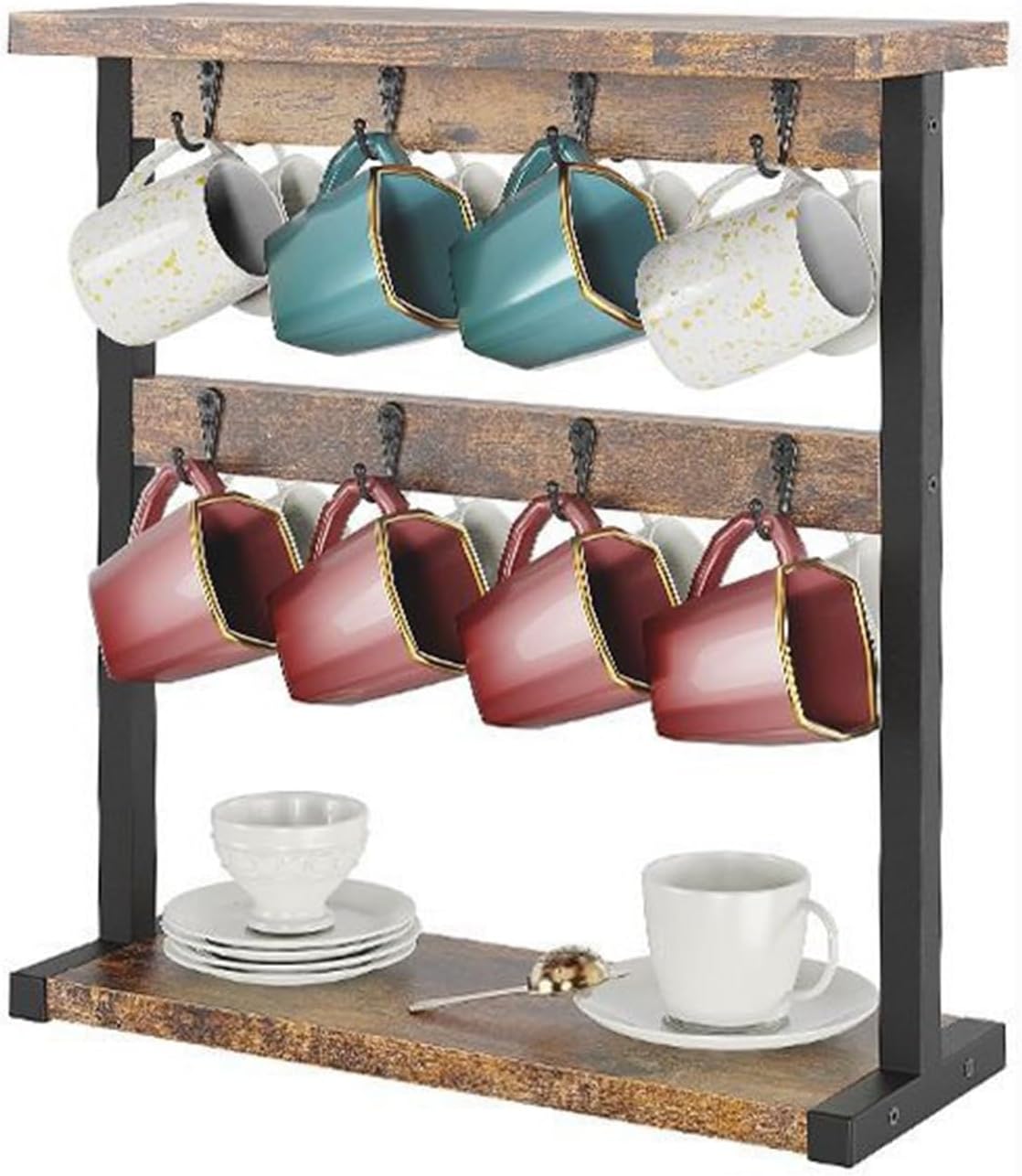 Coffee Mug Holder Stand, Countertop Mug Tree Holder Rack, Rustic Mug Storage with 8 Hooks and Open Shelves, Freestanding Storage Rack