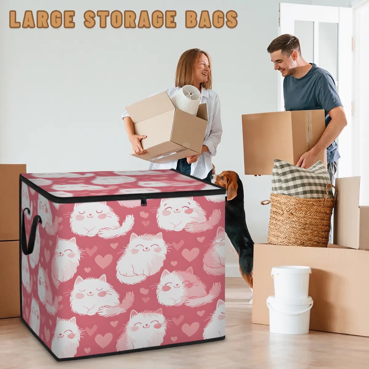 Honeybaby 214L Extra Large Comforter Storage Bag Animals Cats Cute Storage Totes with Lids Waterproof Closet Organizer Folding Blanket Storage Bags for Clothes Bedding Pillows