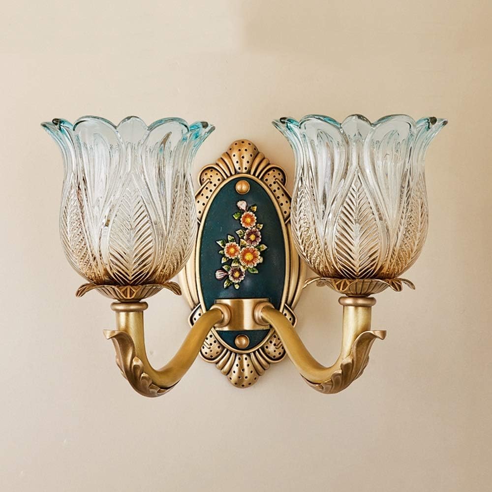 HYJAUSXB European Wall Light Fashion Beautiful Copper Antique Lamp Carved Retro Glass Living Room Bedroom Bedside Sconces, Pendant