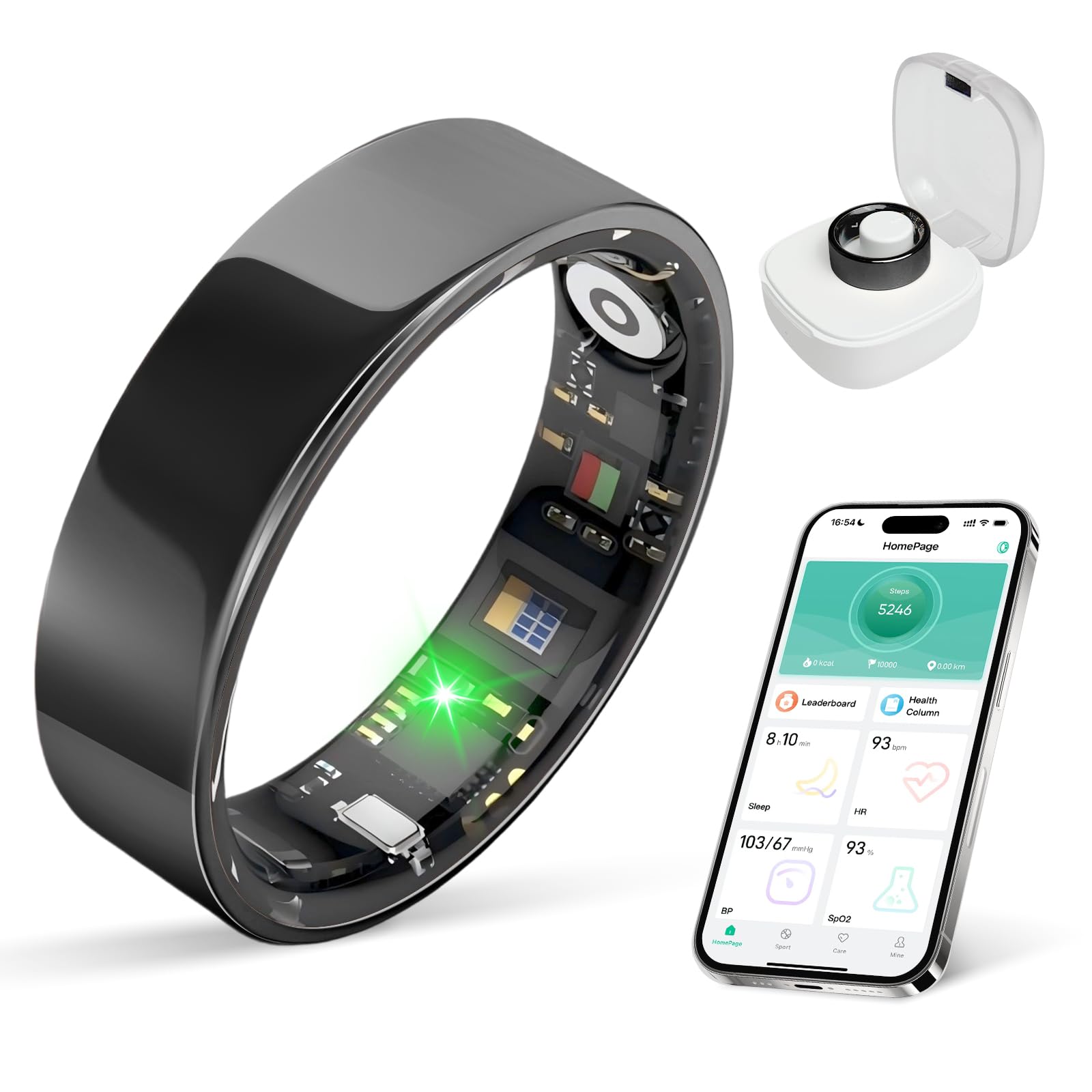 Smart Ring with Sleep Apnea Monitoring, No APP Subscription, 10-Day Battery Life, Stress/Heart Rate/Women's Health Tracker, Android & iOS Compatible (Black, 8)