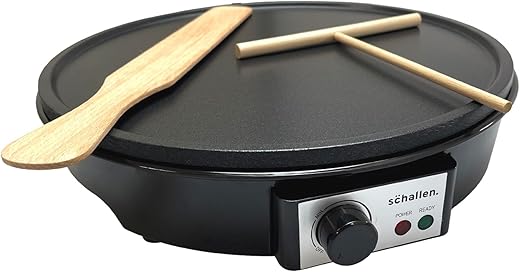 Schallen Black 1000W Electric Traditional Pancake & Crepe Maker Machine, 12" Hot Plate and Utensils Included