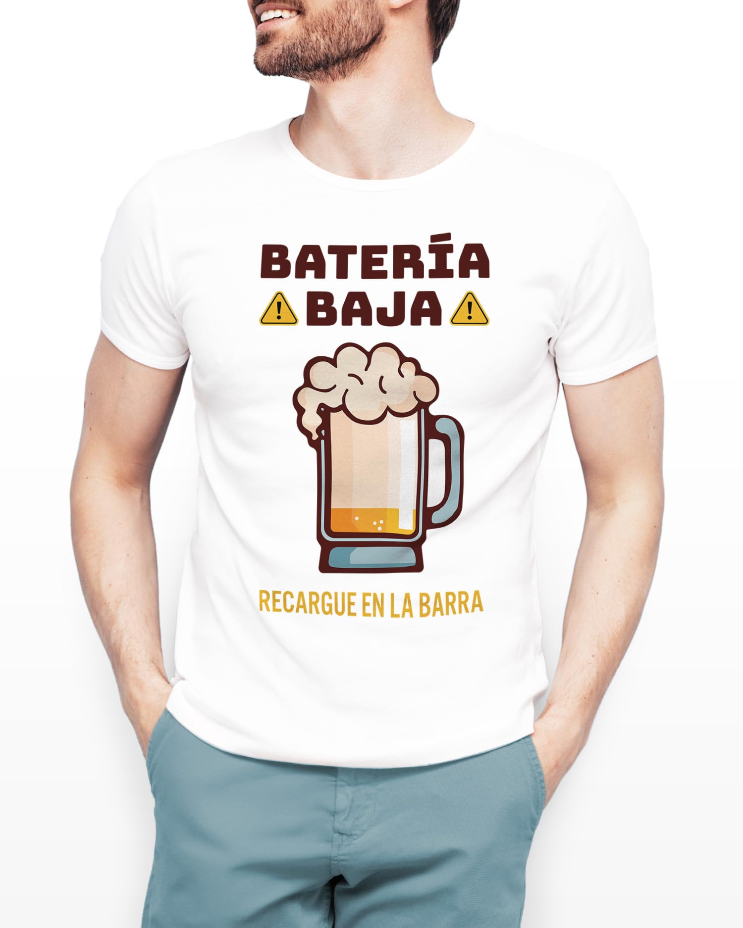Panorama Camiseta de Manga Corta - Batería Baja Cerveza - 100% Algodón - Regalos Originales para Hombre y Mujer - Camisetas Graciosas - Ropa Unisex - Regalo Divertido