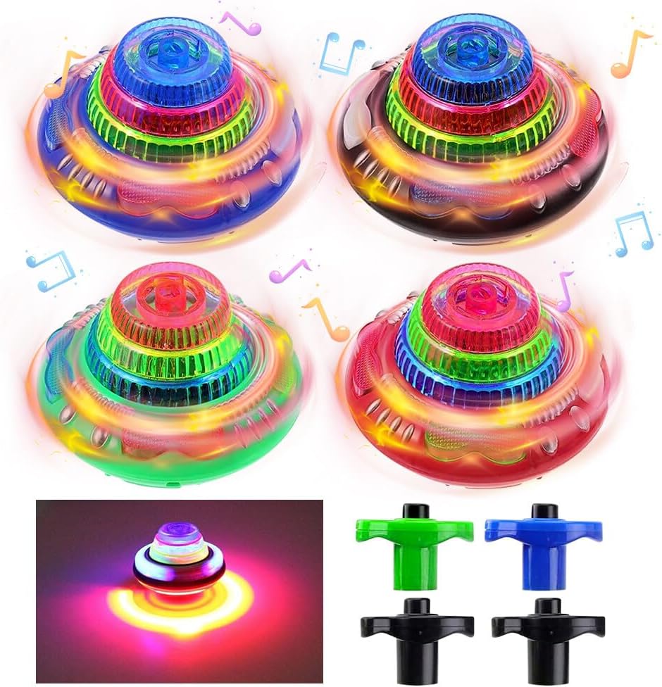 Light Up Spinning Toy, CJBIN 4 Pcs Light Up Spinning Tops, Gyroscope Toy, Flashing Light To-ys with Seven Coloured Lights and Music, Spinning To-ys for Kids Toddlers Autism T-oys Gift, Random Color