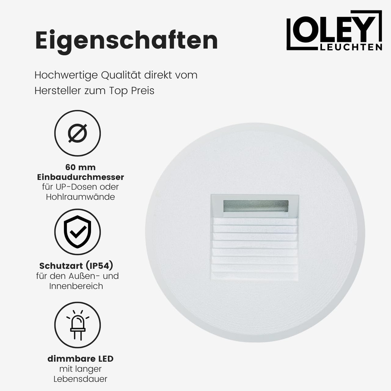Treppenbeleuchtung/Wandeinbauleuchte LUMA, Unterputz, 230V, dimmbar, IP54, Schalterdose, Wand Einbaustrahler, außen, innen - weiß/rund