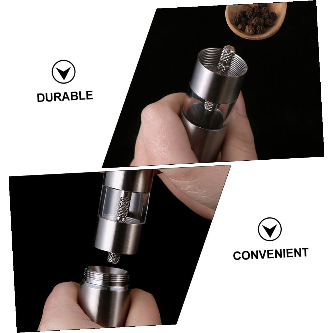 Handpfeffermühle aus Edelstahl mit Pressfunktion zum Mahlen von Schwarzem Pfeffer und Gewürzen Kompakt und Nachfüllbar für Küche