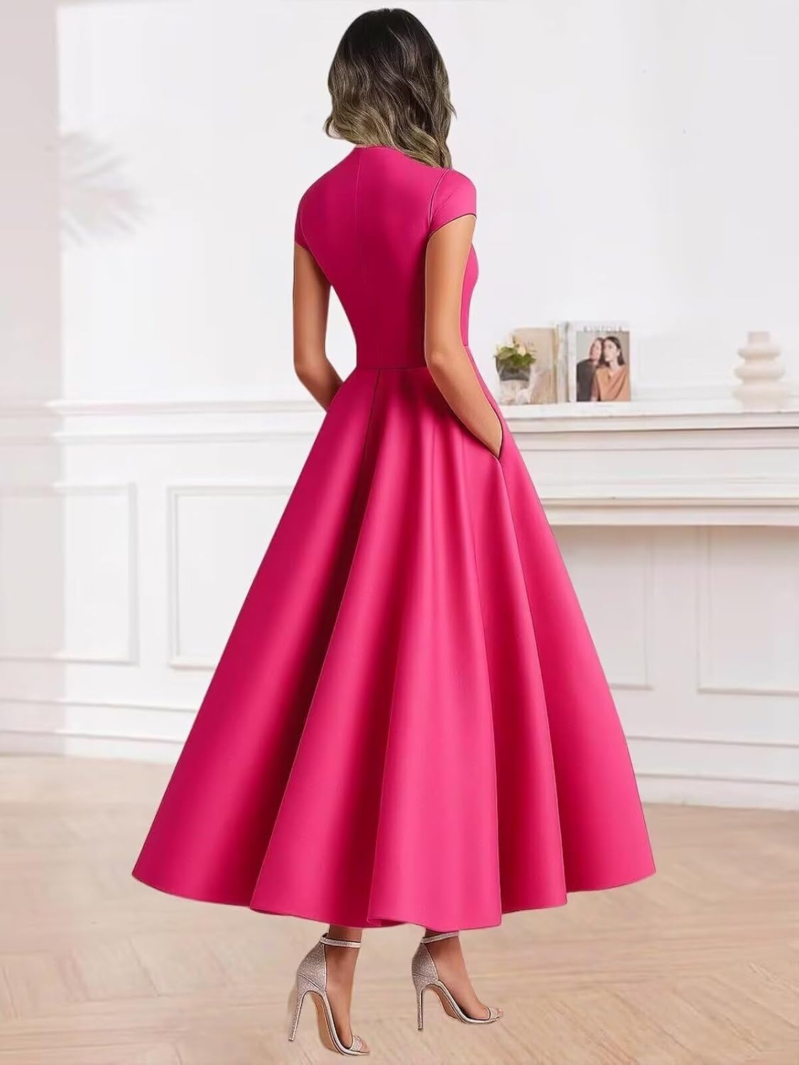 Satin Tea Length Mother of The Bride Dresses for Women Cap Sleeves Bow Tie V-Neck Formal Evening Dress with Pockets