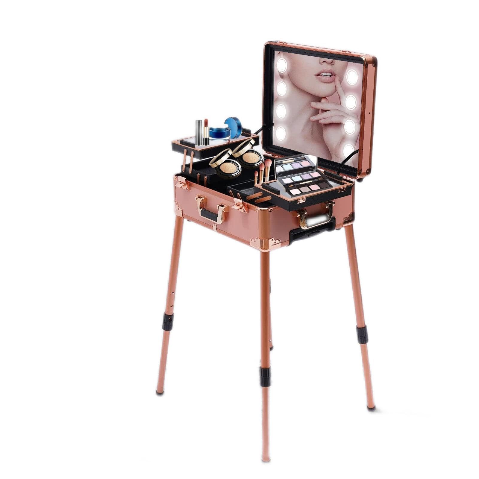 Valise Rolling Maquillage avec LED Miroir Éclairé Professionnel Hauteur réglable Aluminium Coffre À Maquillage et Bluetooth Valise De Maquillage Trolley pour Maquilleur，Esthéticiennes