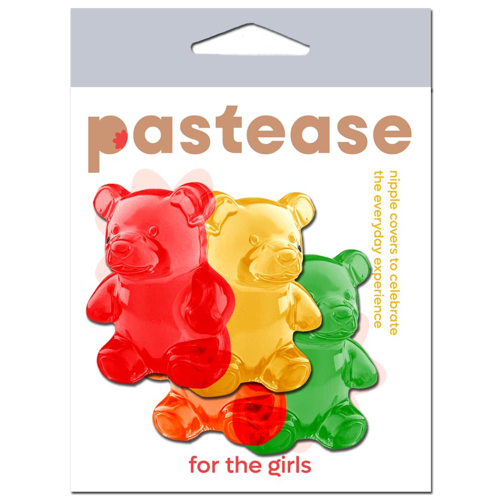 PASTEASE Festival Pasties - Gummy Bear in Red, Yellow, Orange & Green Nipple Covers for Festivals, Raves, & Lingerie | Halloween Costume Accessory | Waterproof & Latex Free