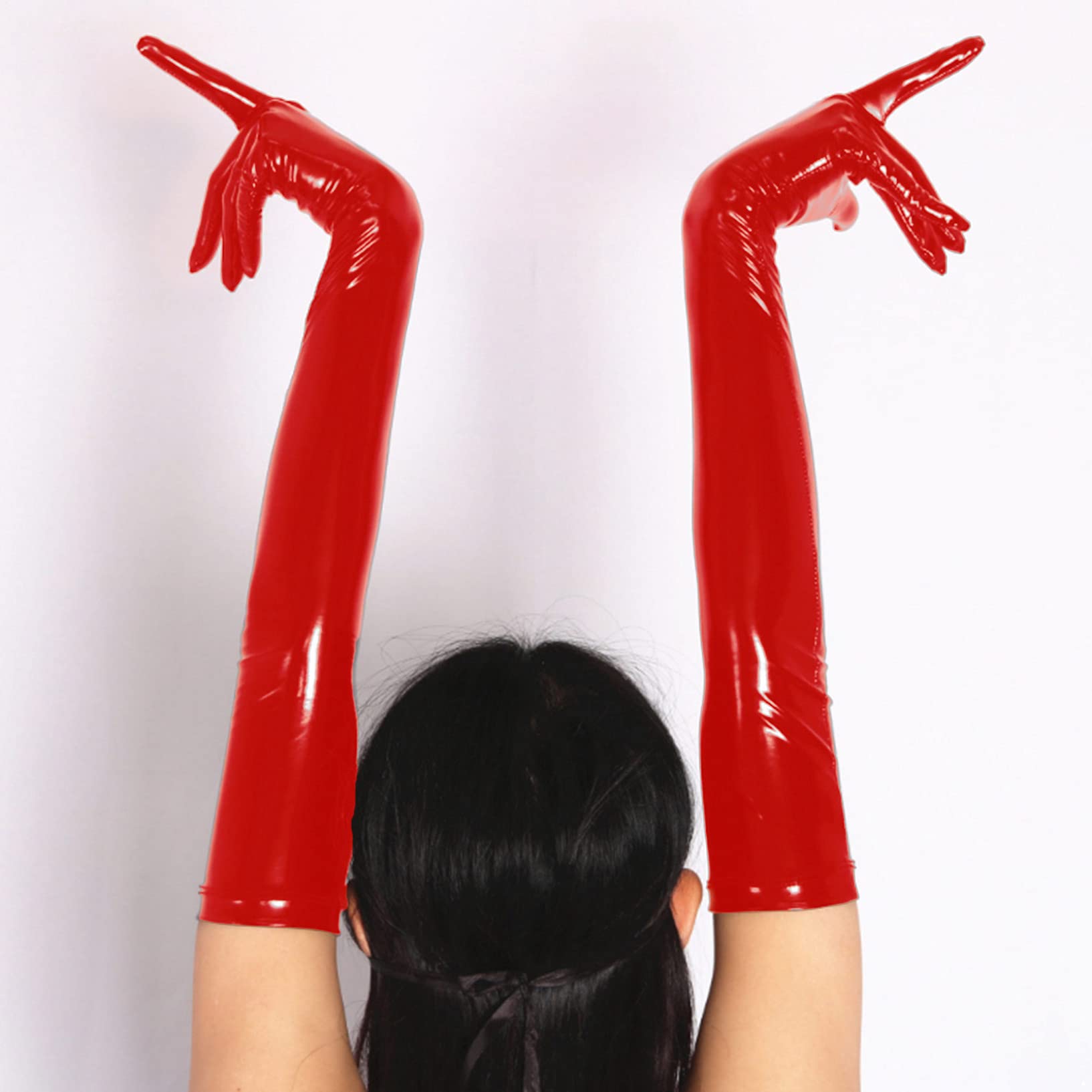 Doomiva Wetlook Wetlook - Guanti lunghi da donna, in ecopelle, da sera, per adulti, per feste, T rosso., S
