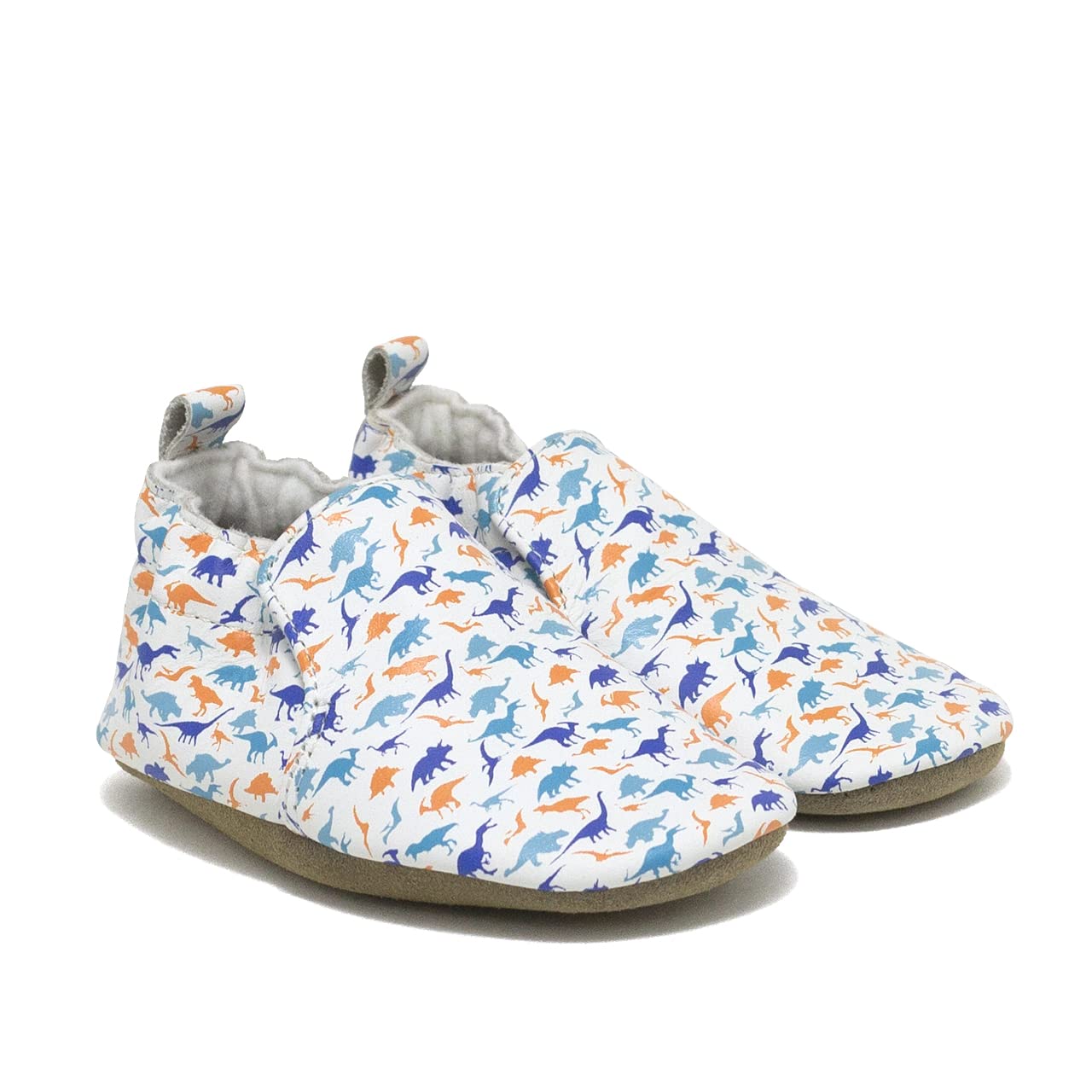 Robeez Baby Boys and Unisex Soft Soles Slip-Resistant Crib Shoes Slippers for Infant and Toddler - Dinosaurs White - 0-6 Months