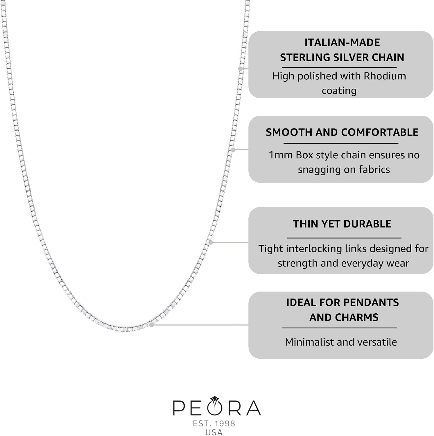 PEORA Solid 925 Sterling Silver Italian Box Link Chain Necklace - 1mm Thin, Sturdy, Hypoallergenic Jewelry for Women with Spring Ring, 16, 18, 20, 22, 24 inches