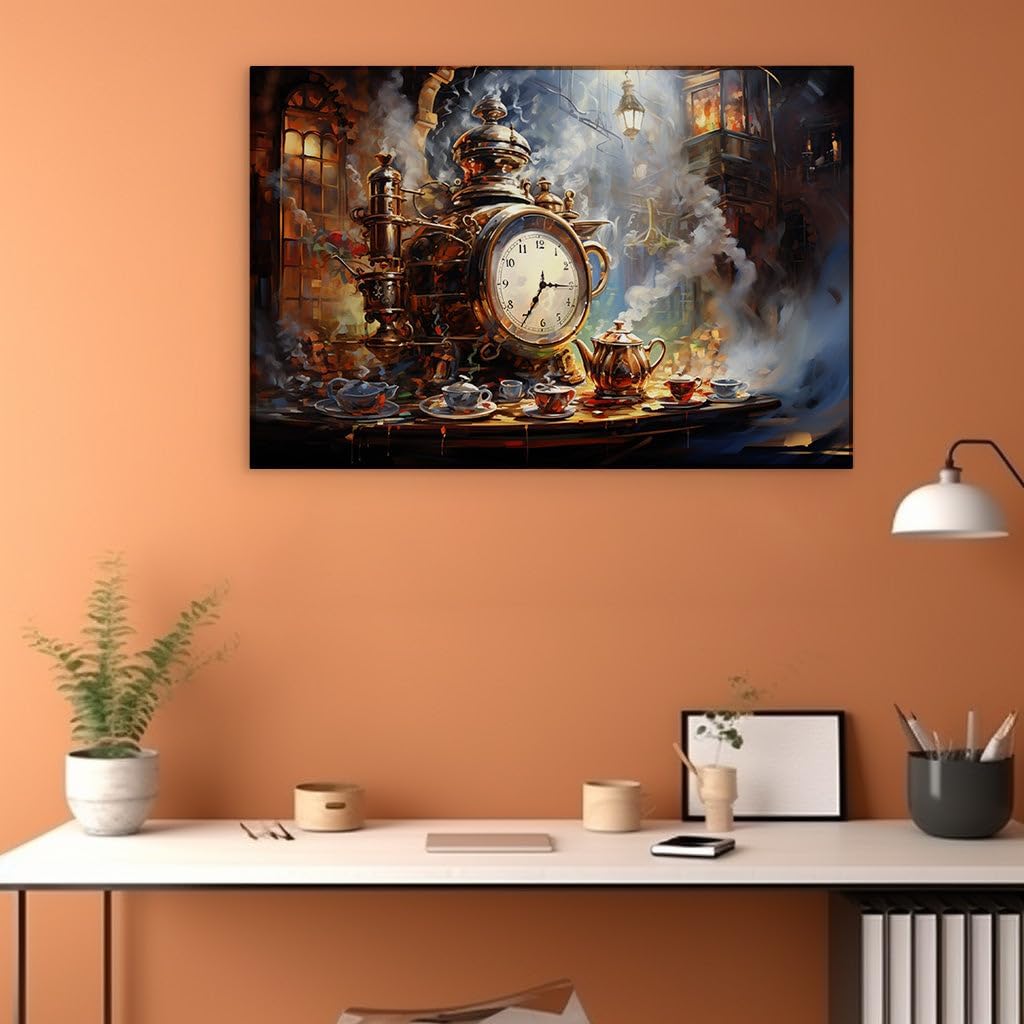 Timeless Elegance of a Steam Clock and Tea Set in Victorian Splendor Large, Decor, Office, Bedroom,. Size: 130x86 cm (51x34 inch) Canvas Wall Art - Modern Home Decor - 100x66 cm (39x26 inch)