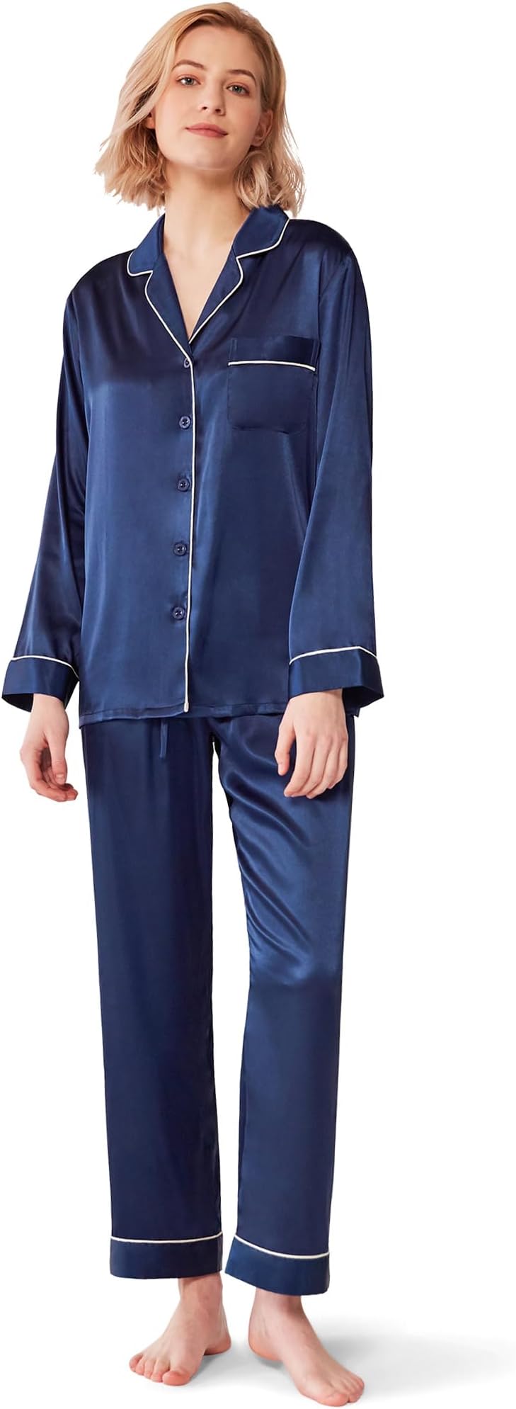 SIORO Silk Satin Pajamas Women, Long Sleeve Silk Pjs for Women Set, Two-piece Button-Down Sleepwear, Small~X-Large