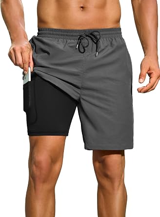 Men Swim Trunks with Compression 7" Breathable Liner with Zipper Pocket Quick Dry Board Shorts for Men