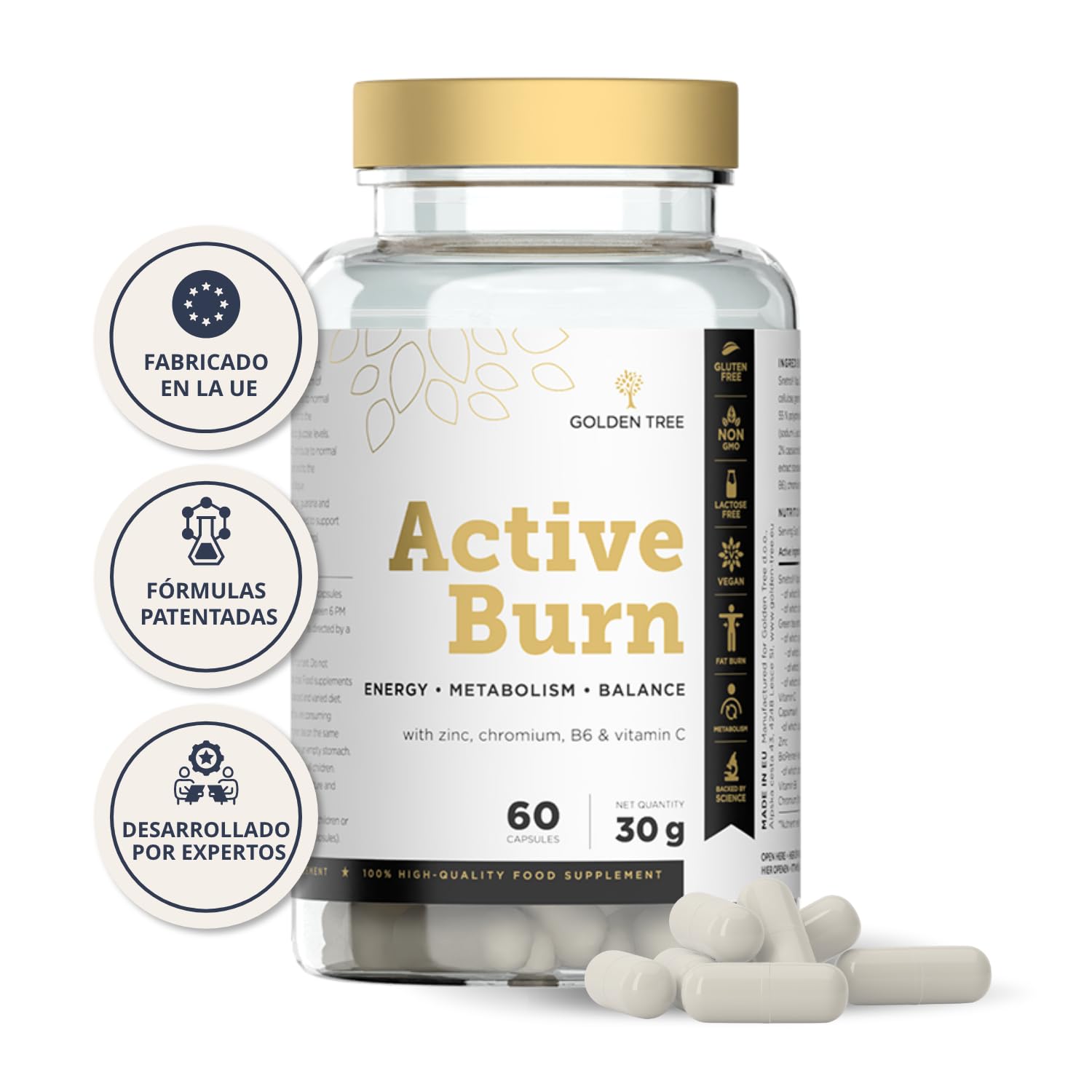 Golden Tree Active Burn − Cápsulas Té Verde, 60 piezas | Con Vitamina C, Vitamina B6, Zinc, Cromo y Extracto de Pimienta Negra