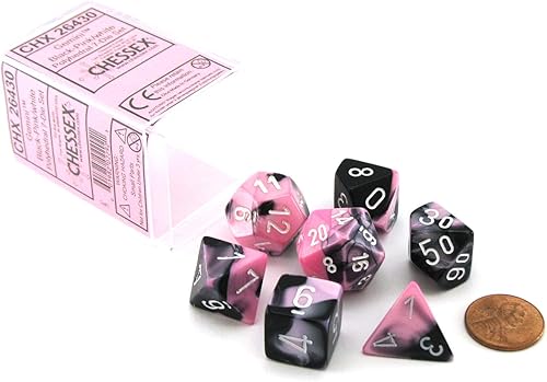 Chessex Juego de dados poliédricos de 7 troqueles Géminis - Negro-Rosa con Blanco CHX-26430