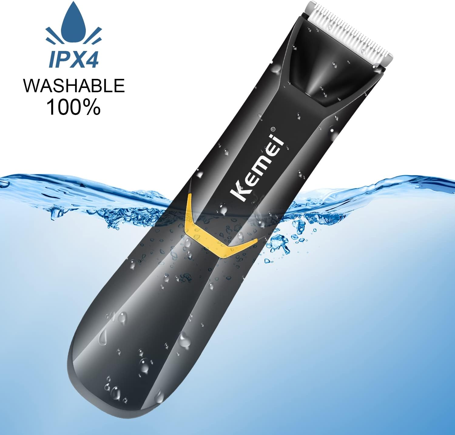 KEMEI trimmer submerged in water, demonstrating IPX4 waterproof rating