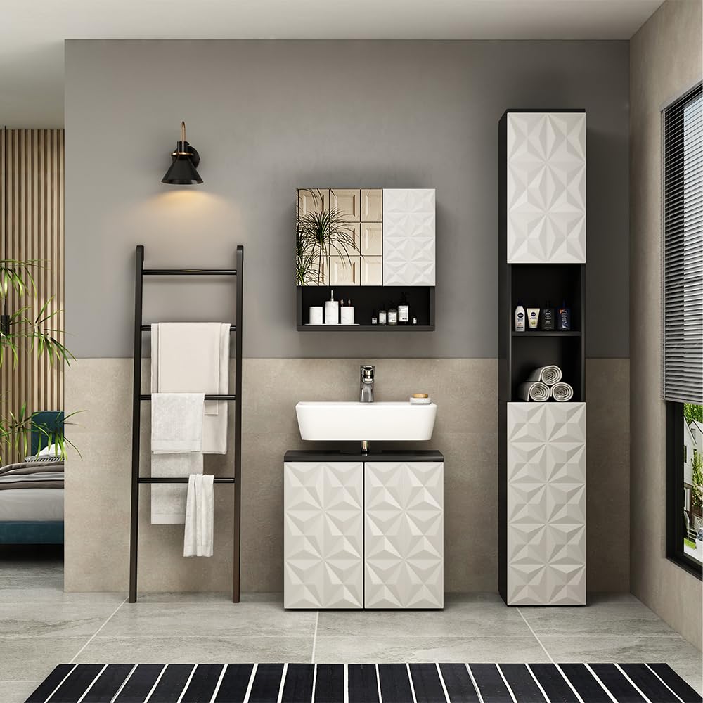 Vicco Conjunto de Muebles de baño Edge, Negro, 60 cm | compuesto por mueble bajo lavabo, espejo con armario y columna de baño