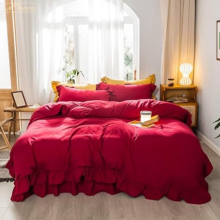 Amazon 4点セット 寝具カバーセット フリル付き ベッドスカート 可愛い 掛けふとんカバー 敷きふとんカバー ベッドカバー マットレスカバー ホテル仕様 無地 シンプル 北欧 姫系 ロマンチック 綿混紡 ピンク 白 グレー 寝具カバーセット オンライン通販