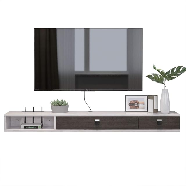 Pmnianhua Wall Mounted Floating TV Unit, Floating TV Stand Media Console Entertainment Gaming Storage TV Shelf Cabinet Unit with 2 Doors Home Office Furniture(140cm, grey-white)