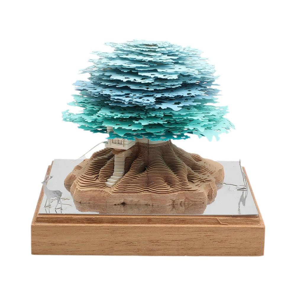 Notes samoprzylepny 3D Paper Sculpture Art, Panorama czterech pór roku Domek na drzewie Stereoskopowa kolekcja papieru Ręcznie robiony prezent oświetleniowy z paskiem papieru(Blue)