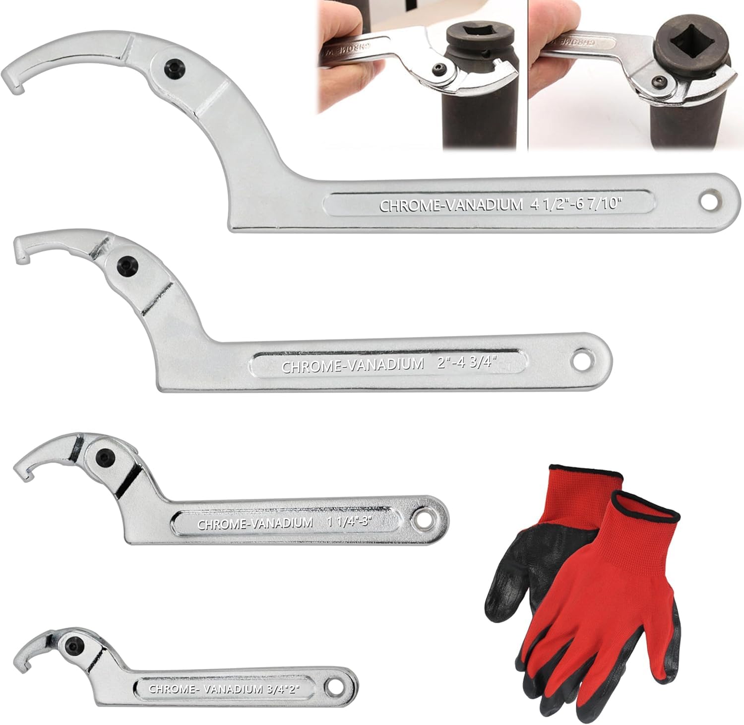 4 Stück Verstellbare Hakenschlüssel, C-Haken Schlüssel Set für Mechanik | Einstellbare C-Hakenschlüssel Enthält Größen 3/4-2", 1 1/4-3", 2-4 3/4" und 4 1/2-6 7/10" für Vielseitige Anwendungen