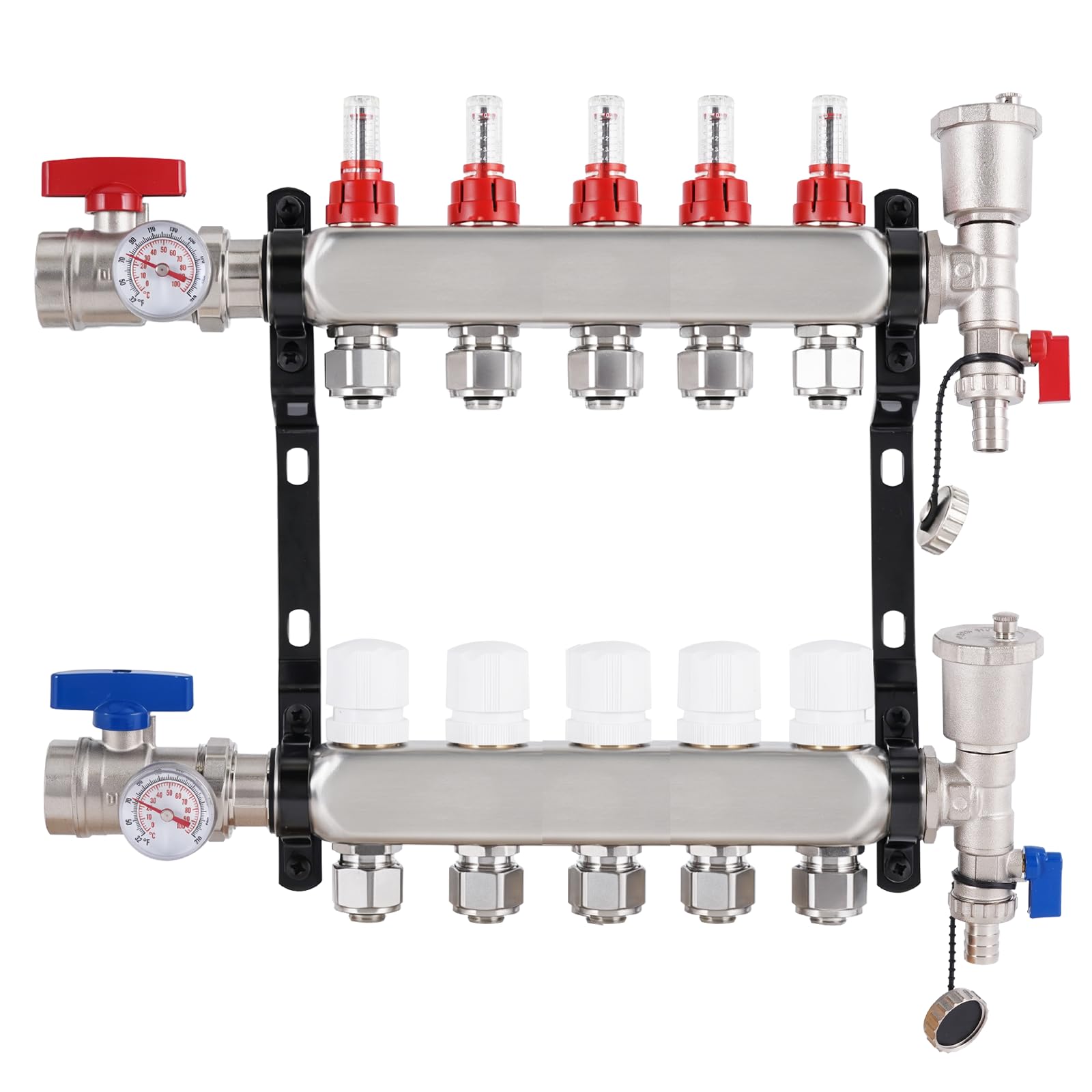 YUCHENGTECH Collecteur Plancher Chauffage en Acier Inoxydable 5 Circuits | Avec Eurocône 3/4"(16x2mm) Distributeur Circuit Chauffage avec Débitmètres, Purgeur d'air Automatique et Vannes à Bille 1"