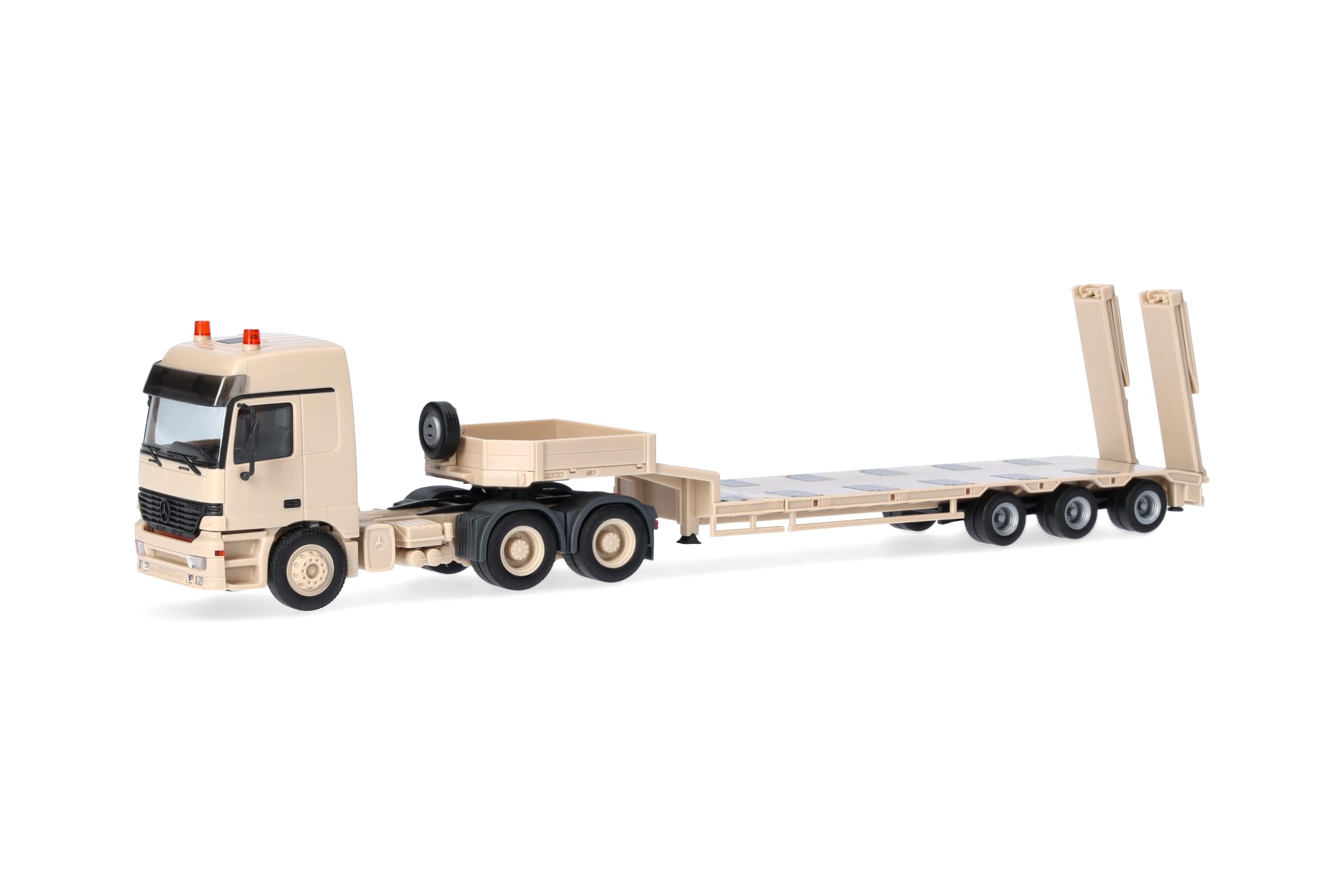 Herpa truck model Mercedes-Benz Actros L (96) MP1 semi low-boy semitrailer, sand beige "Belgium Army" (Belgium), military, on a scale of 1:87, plastic miniature, made in Germany, model building
