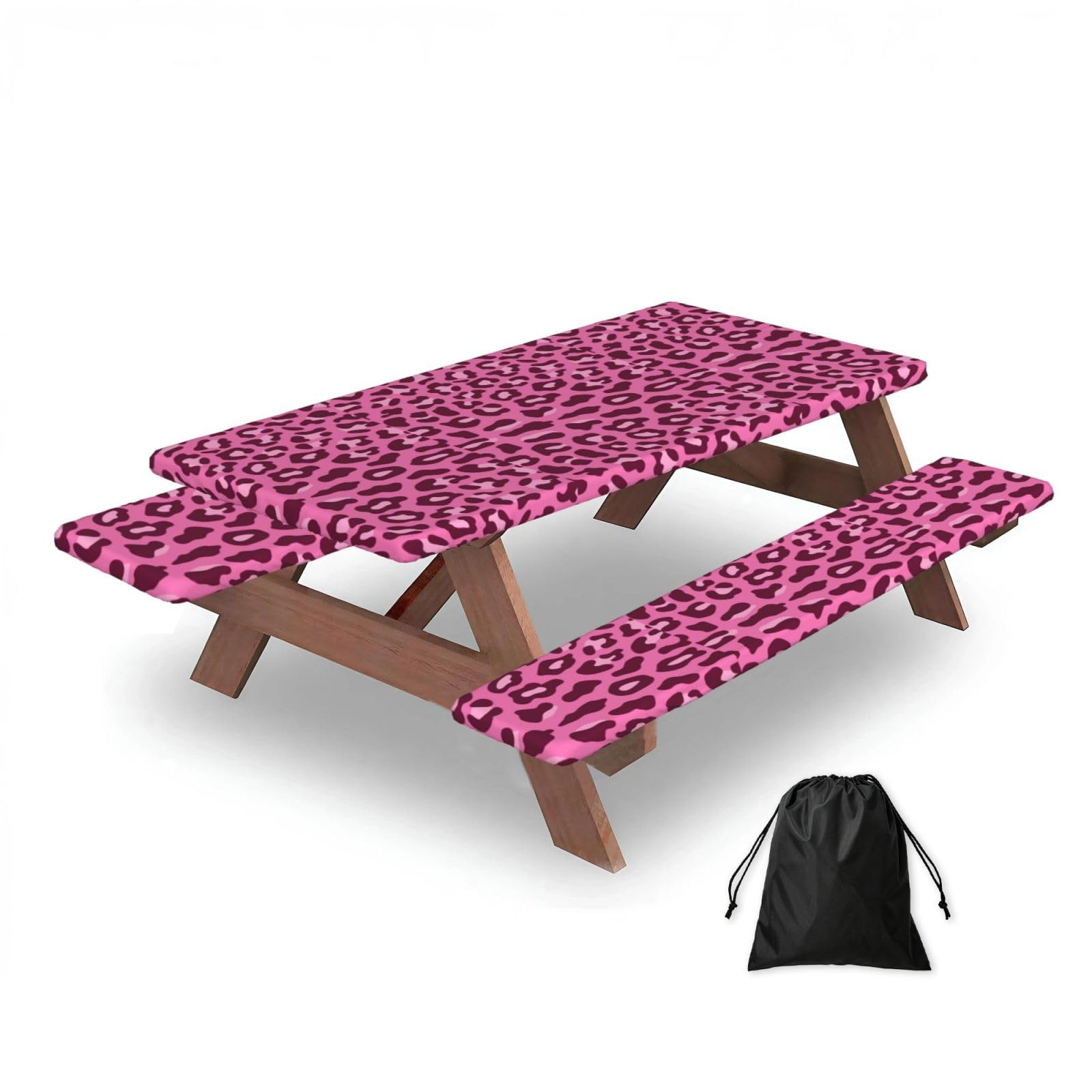 Dopklna As Picture Pink Leopard, Picnic Table Cover With Bench Covers -Waterproof Elastic Fitted Tablecloth For Garden Camping Patio 76X152cm