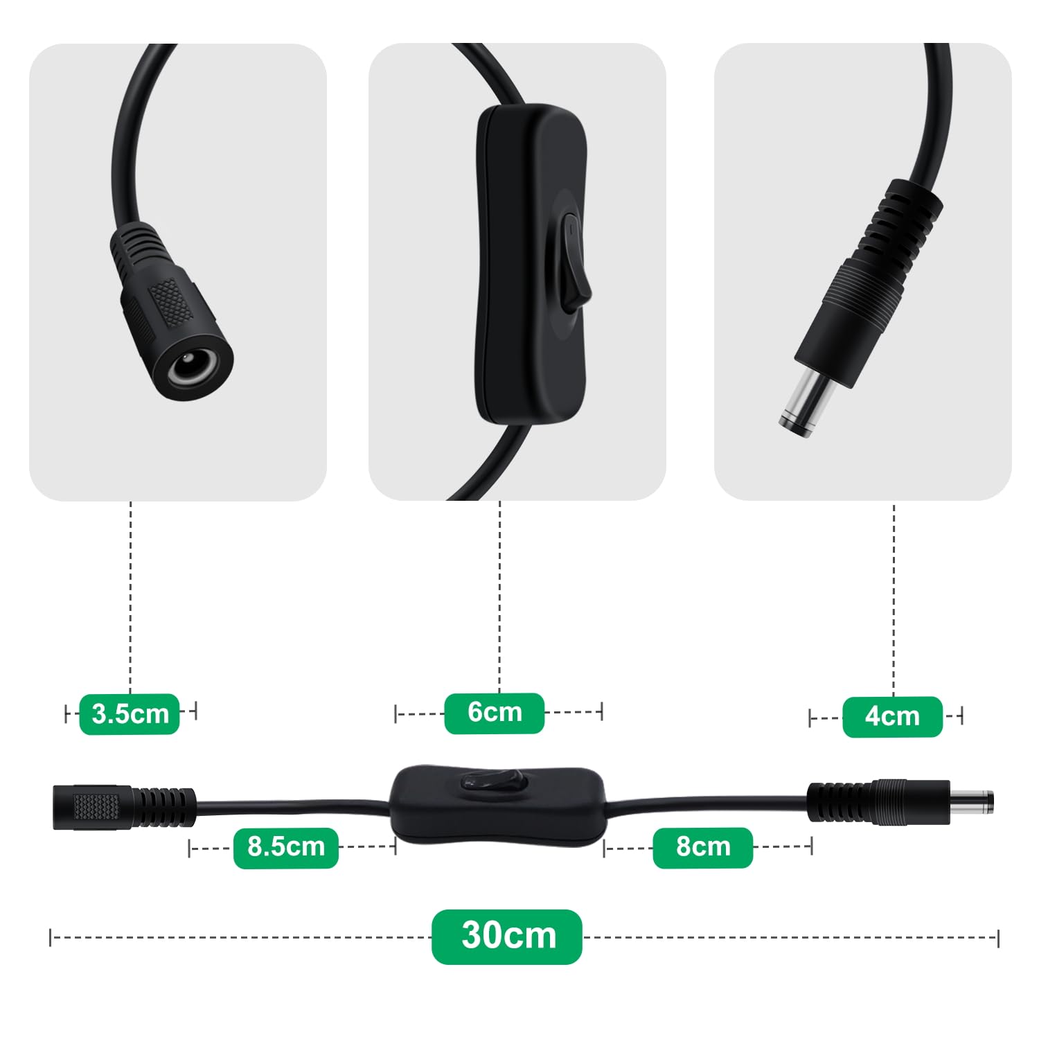 Cavo jack interruttore DC 22AWG 12V 24V cavo di prolunga DC 5,5 mm x 2,1 mm maschio femmina, DC5521 cavo per telecamere di sicurezza, router, DVR, strisce LED (nero, 0,3 m)