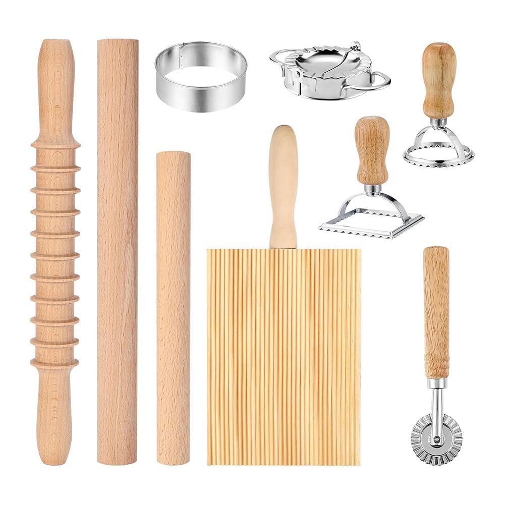 Ensemble de 9 outils de fabrication de pâtes avec rouleau et planche à gnocchi en bois