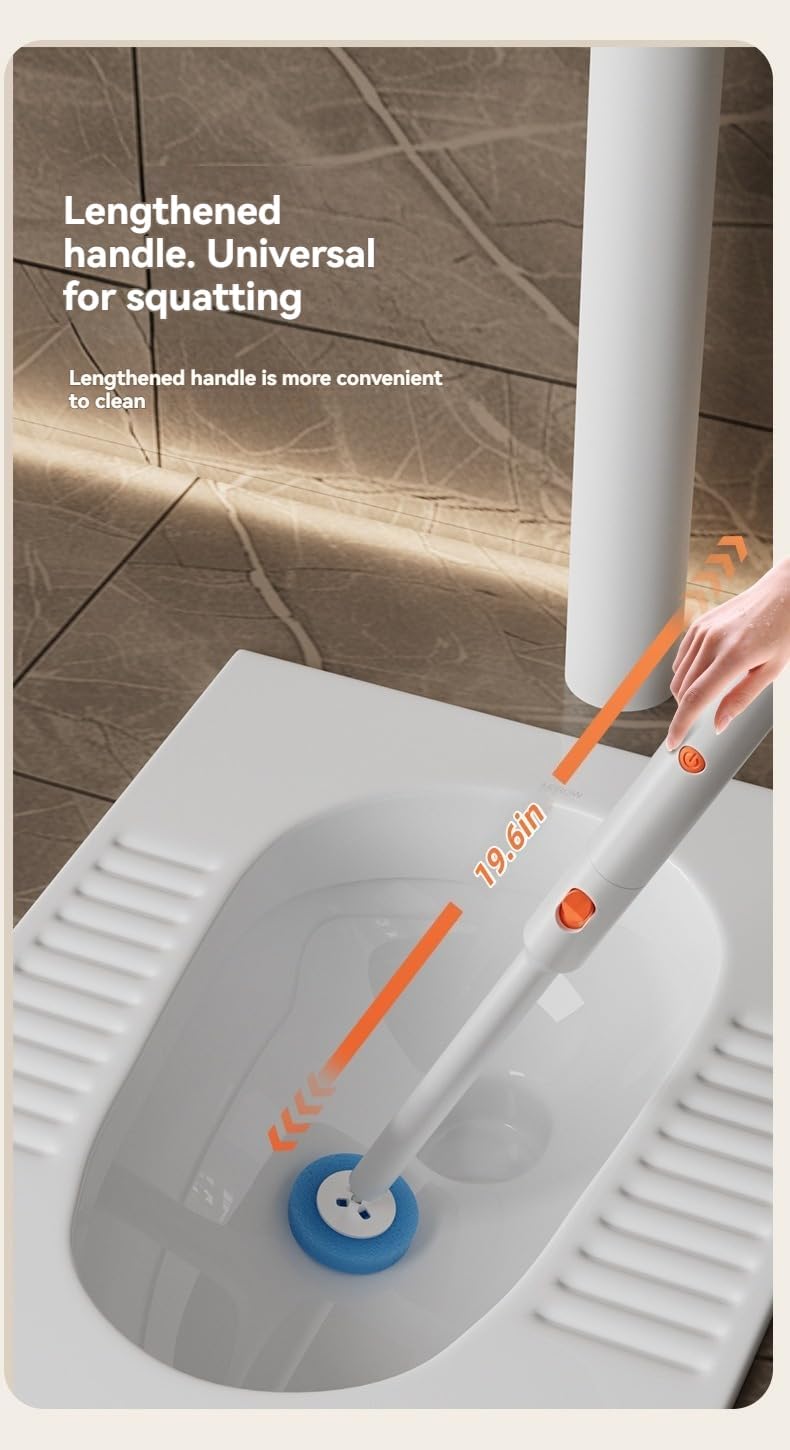 Electric Toilet Brush, Wall-Mounted Household Toilet Cleaning Brush, no Need for Drilling, with 6 Disposable Replaceable Heads, 3-Speed Adjustment, Powerful Cleaning of Stains (50, Orange and White)