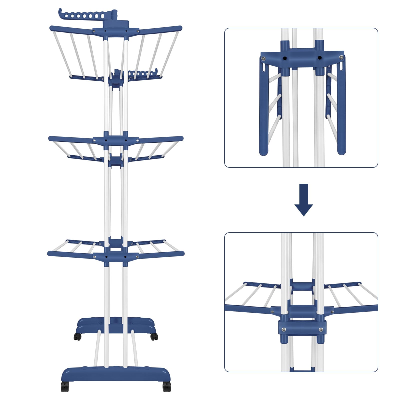 Stendibiancheria interna su 3 livelli, stendibiancheria in torre, Tancarville grande capacità, con 6 ruote freno di parcheggio a 360° (blu e bianco)